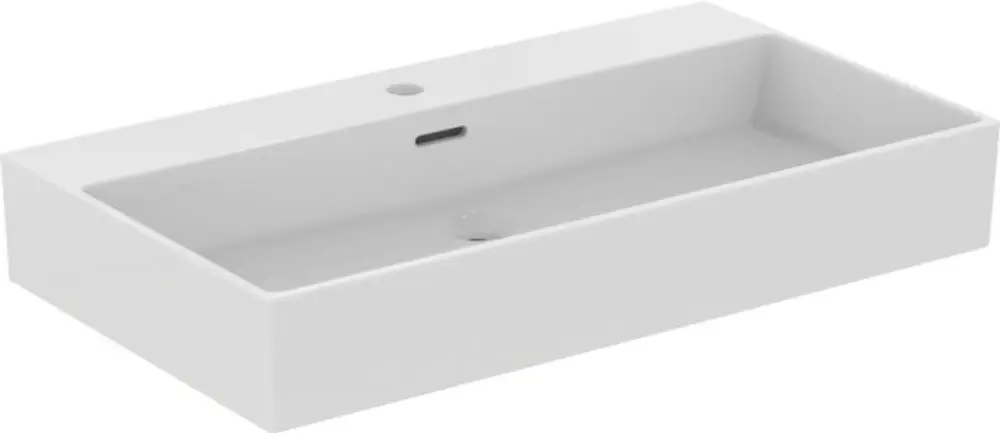 Waschtisch in Weiß von Ideal Standard, rechteckig mit integriertem Wasserhahnloch und Ablauföffnung, flache Form ohne sichtbare Armatur.